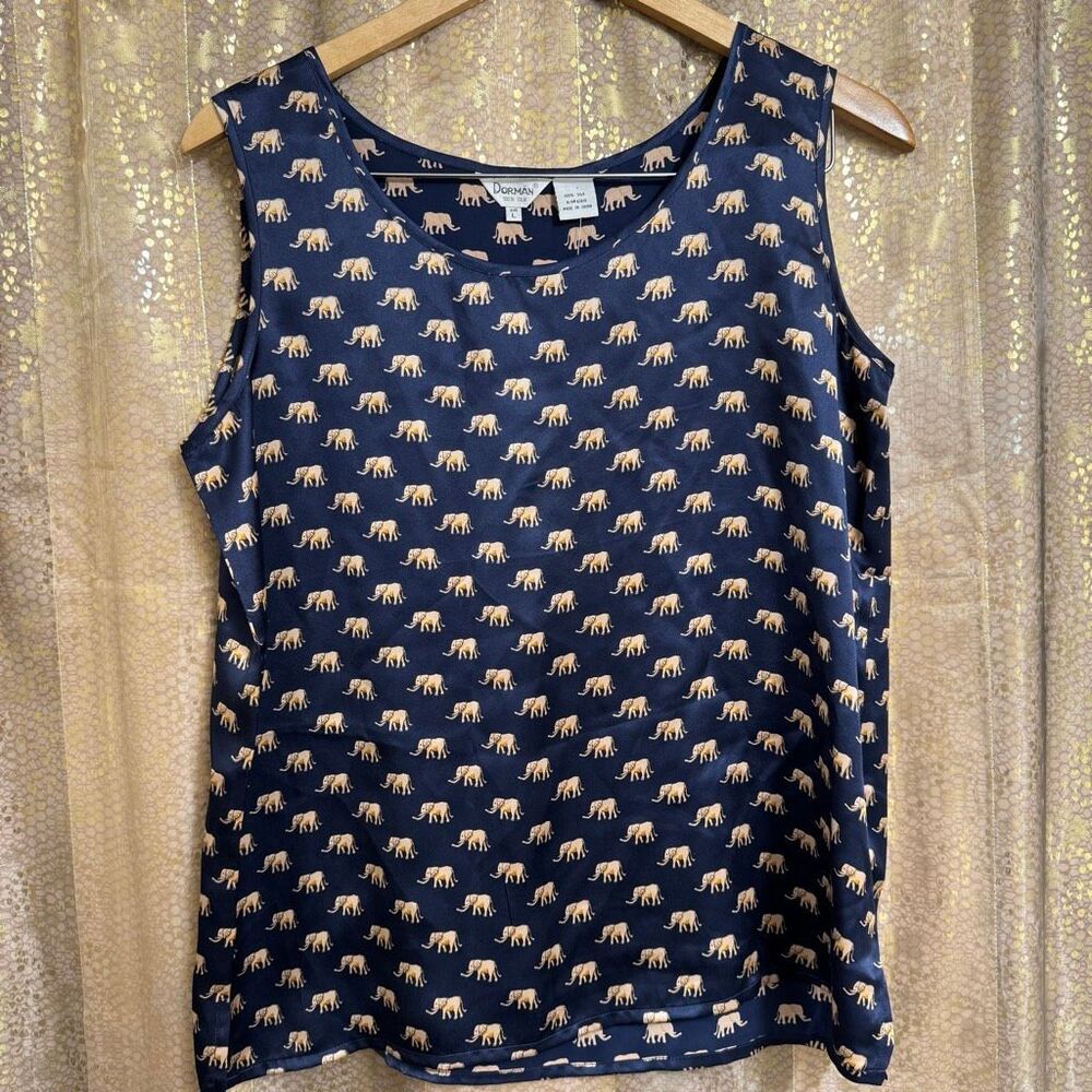 Dorman 100% Silk Navy Blue Vintage Elephant Print Tank Top Large NWT